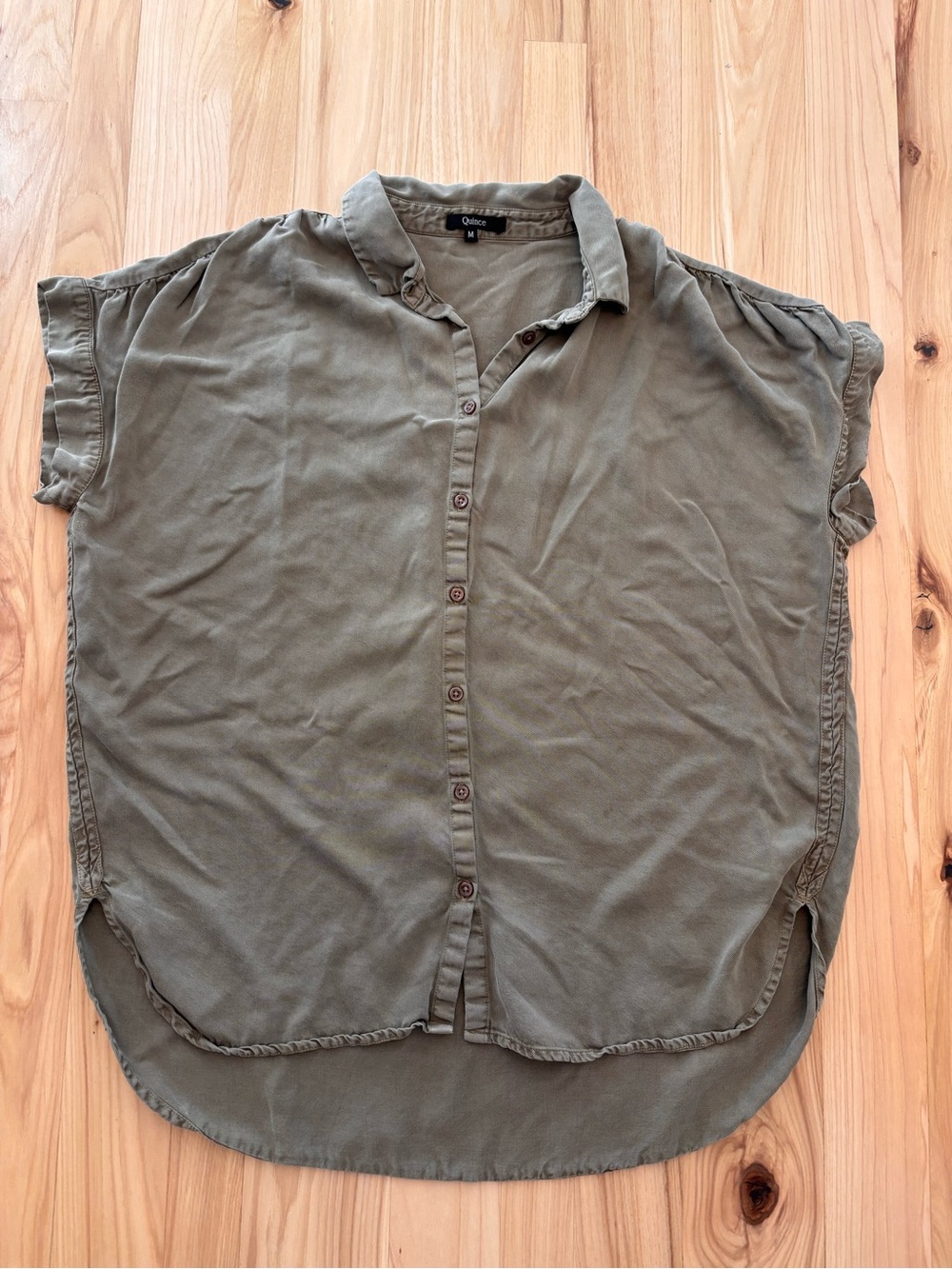 Quince Vintage Wash Lyocell Camp Shirt Womens L Olive Green Oversized Boxy